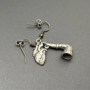 Anatomical Heart and Pipe Dangle Earrings - Silver Tone